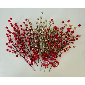 Ashland Christmas Berry Picks Lot of 12 Red Gold Floral Stems Holiday Decor NWT